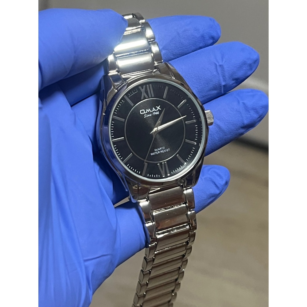 Omax Since 1946 Mens Quartz Watch Black Dial Silver Steel Link Bracelet HSJ827